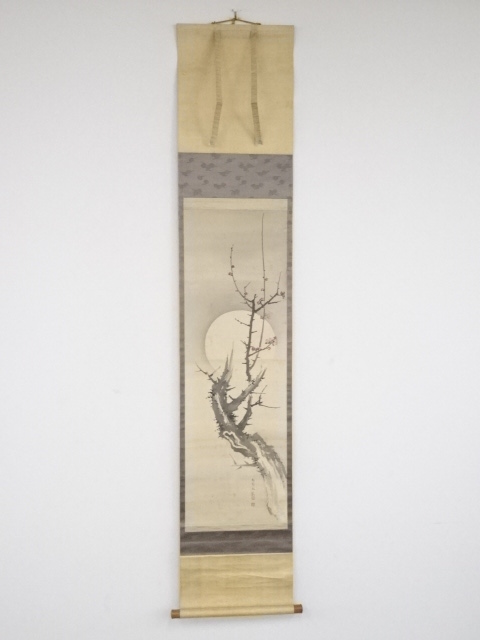 JAPANESE HANGING SCROLL / HAND PAINTED / PLUM BLOSSOMS / MEIJI ERA (1911)